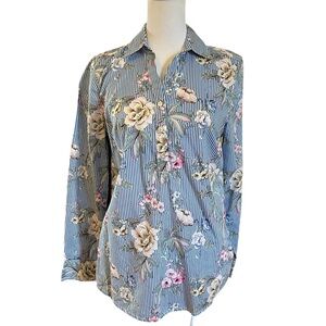 Talbots Floral and Blue and White Stripe Cotton Blouse Long Sleeve SP
